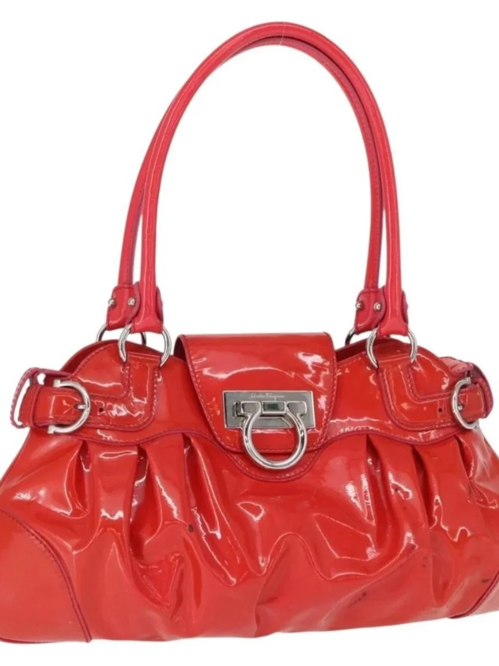 Salvatore Ferragamo Gancini Hand Bag Enamel Red Silver Auth 161440